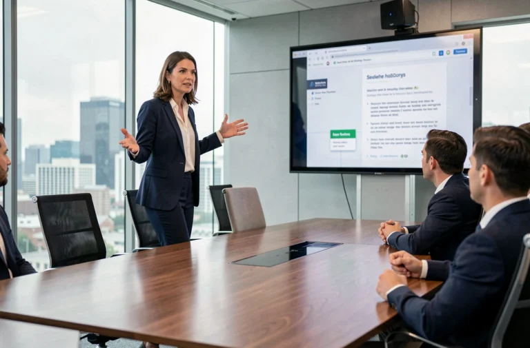 Femme professionnelle présentant avec assurance devant un auditoire en salle de conférence moderne
