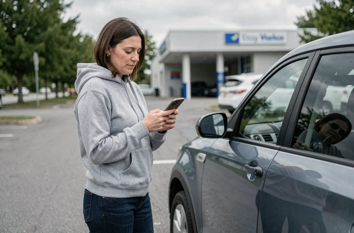 Femme consultant un rapport de performance véhicule sur smartphone près d'un SUV compact dans un parking