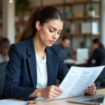 Femme professionnelle révisant un CV informatique avec annotations dans un espace de coworking moderne