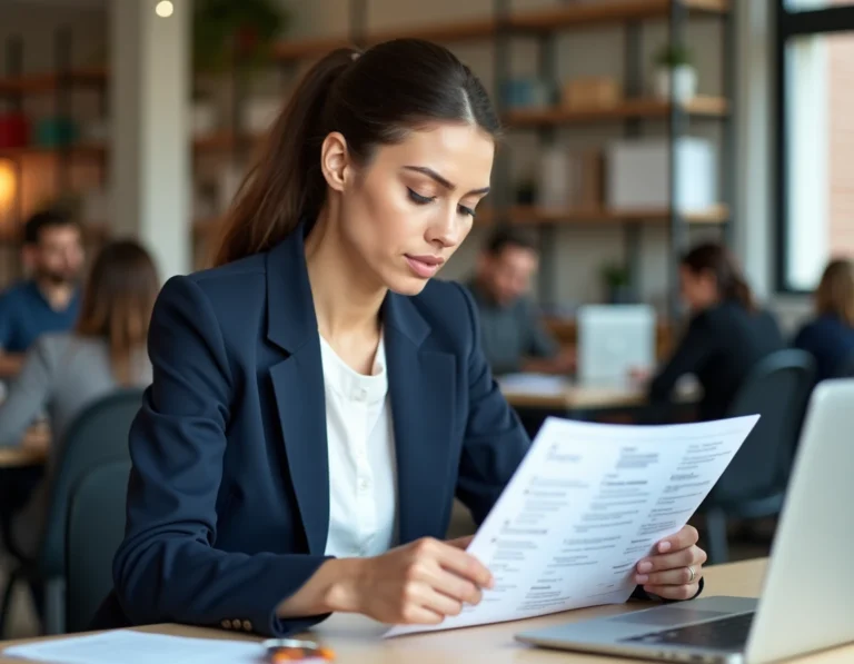 Femme professionnelle révisant un CV informatique avec annotations dans un espace de coworking moderne
