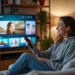Jeune femme détendue regardant la TV dans son salon