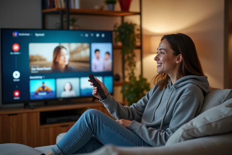 Jeune femme détendue regardant la TV dans son salon