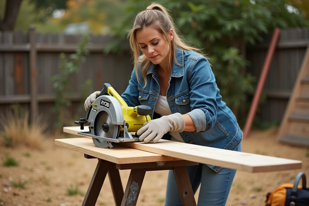 Femme utilisant une scie circulaire Ryobi pour couper du bois dans un jardin