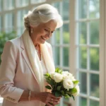 Femme élégante de soixante-dix ans avec bouquet de roses