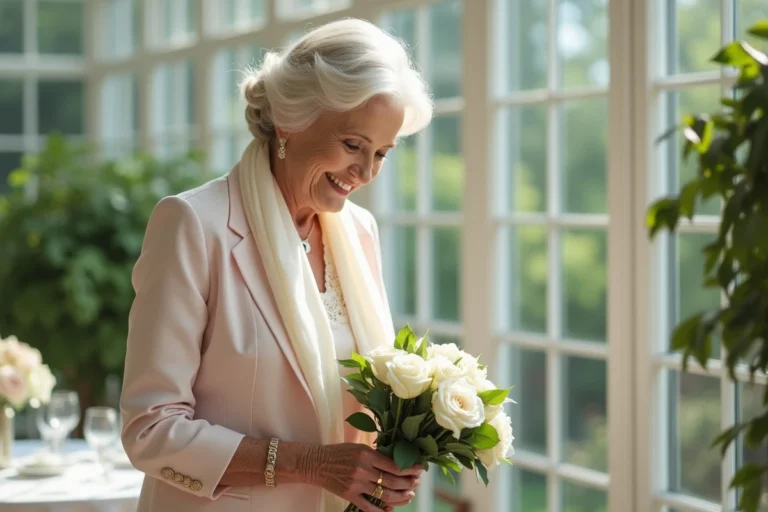 Femme élégante de soixante-dix ans avec bouquet de roses