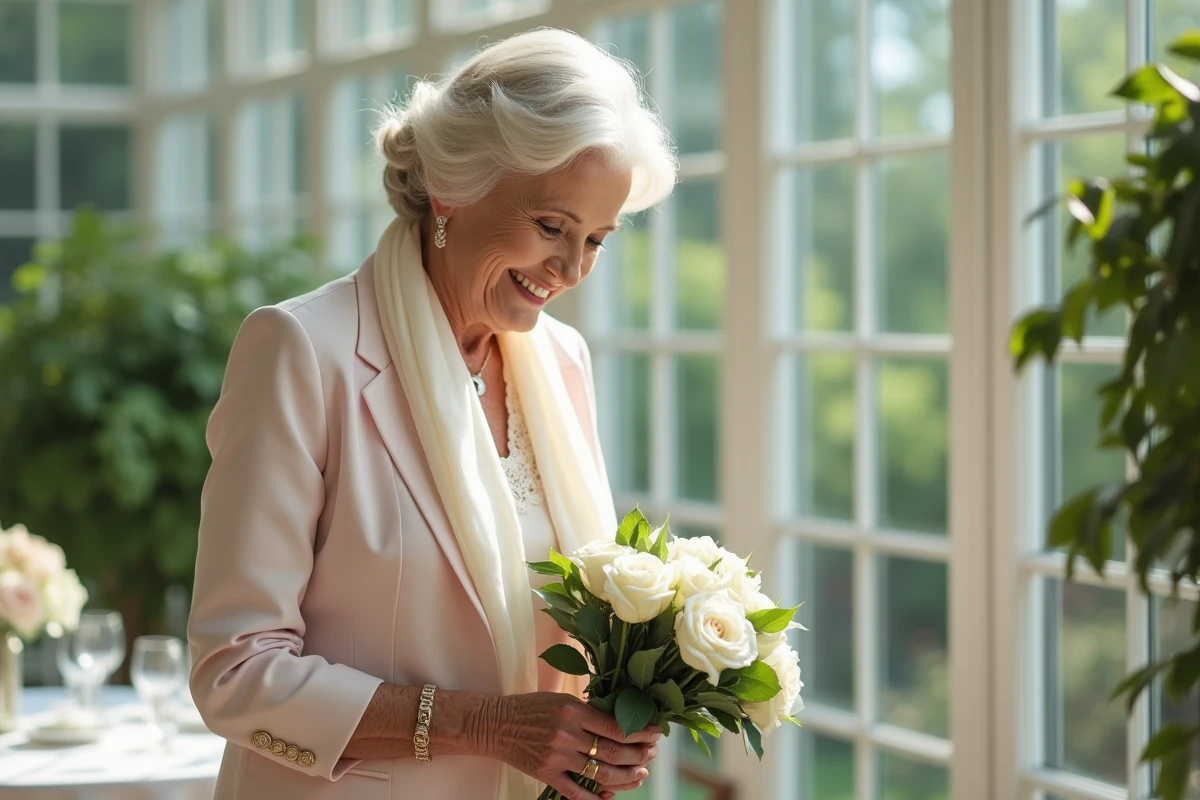 Femme élégante de soixante-dix ans avec bouquet de roses