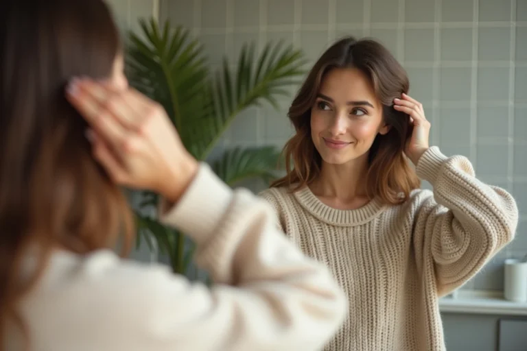 Femme se regardant dans le miroir en tenue confortable