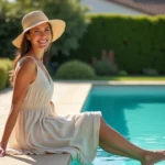 Femme souriante en chapeau de paille près de la piscine
