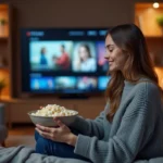 Jeune femme regardant un film en streaming légalement sur smart TV depuis son canapé avec du popcorn