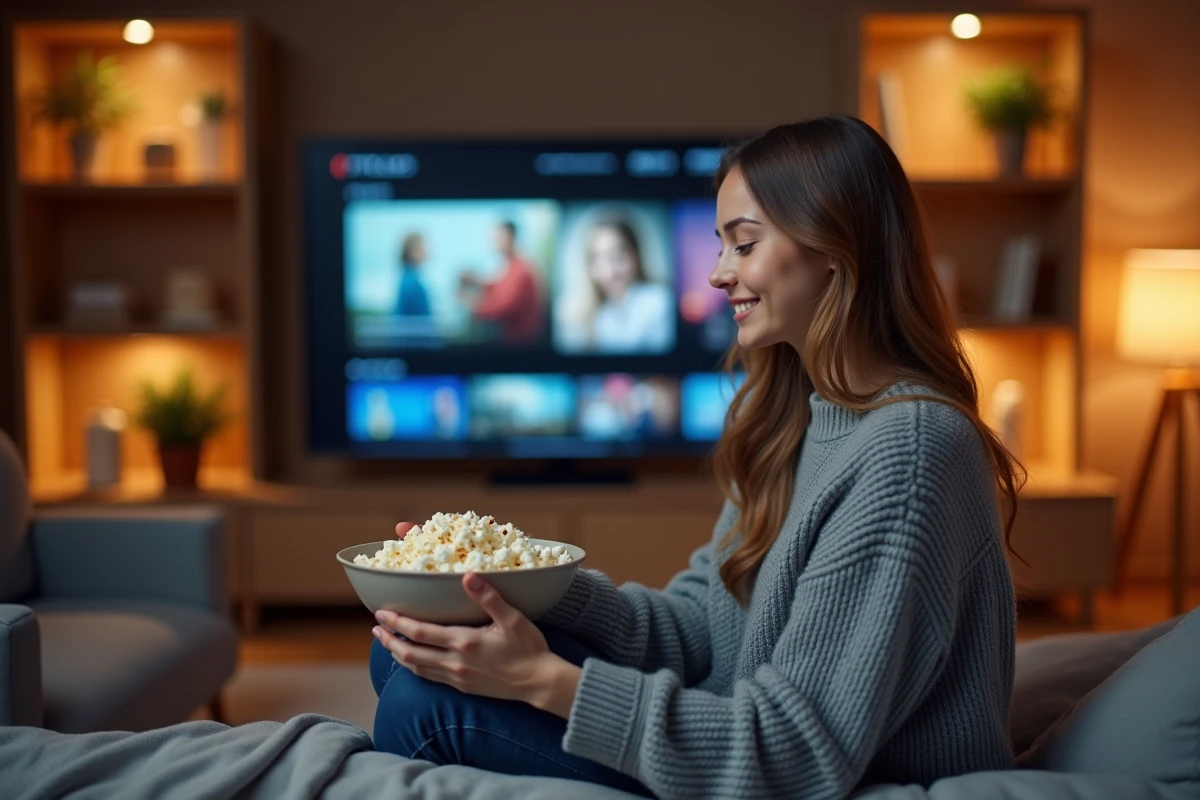 Jeune femme regardant un film en streaming légalement sur smart TV depuis son canapé avec du popcorn