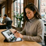 Femme professionnelle utilisant une tablette numérique dans un espace de coworking pour accéder à l'information en ligne