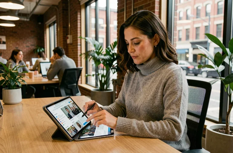 Femme professionnelle utilisant une tablette numérique dans un espace de coworking pour accéder à l'information en ligne