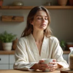 Jeune femme en robe de lin savourant une tasse de thé détox Lulutox le matin dans une cuisine rustique