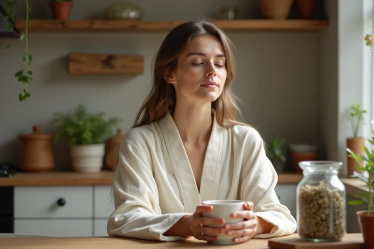 Jeune femme en robe de lin savourant une tasse de thé détox Lulutox le matin dans une cuisine rustique