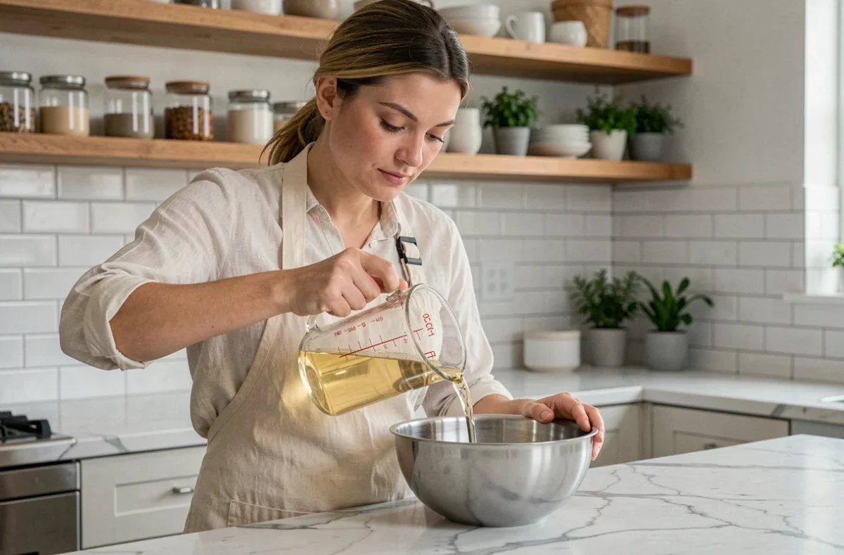 Femme versant 50 cl de liquide dans un bol en cuisine avec un verre doseur gradué en millilitres