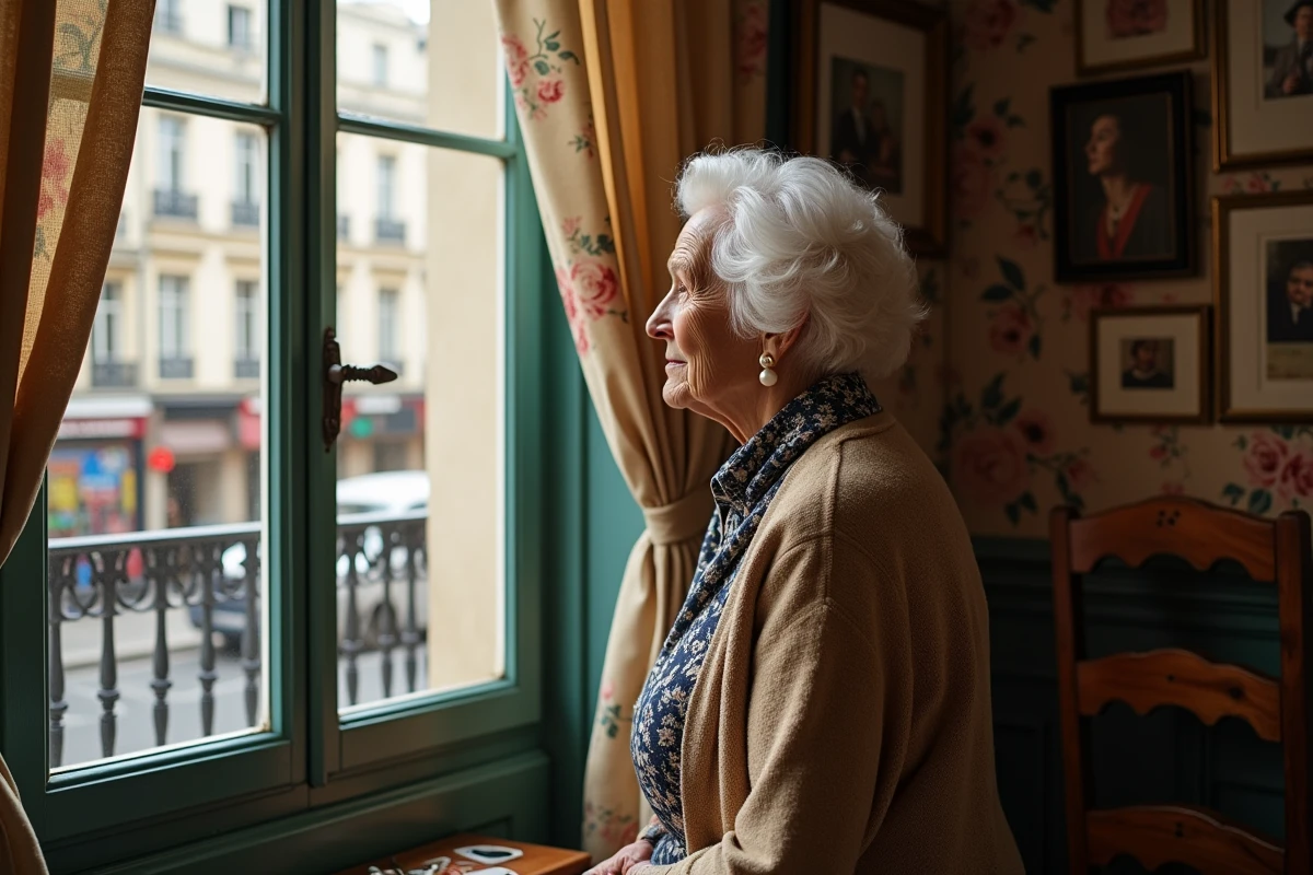 Femme âgée regardant par la fenêtre de son appartement parisien
