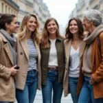 Groupe de femmes françaises discutant dans une place parisienne