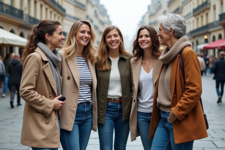 Groupe de femmes françaises discutant dans une place parisienne