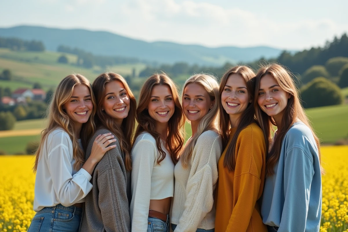 Femmes françaises de différentes régions dans un paysage rural