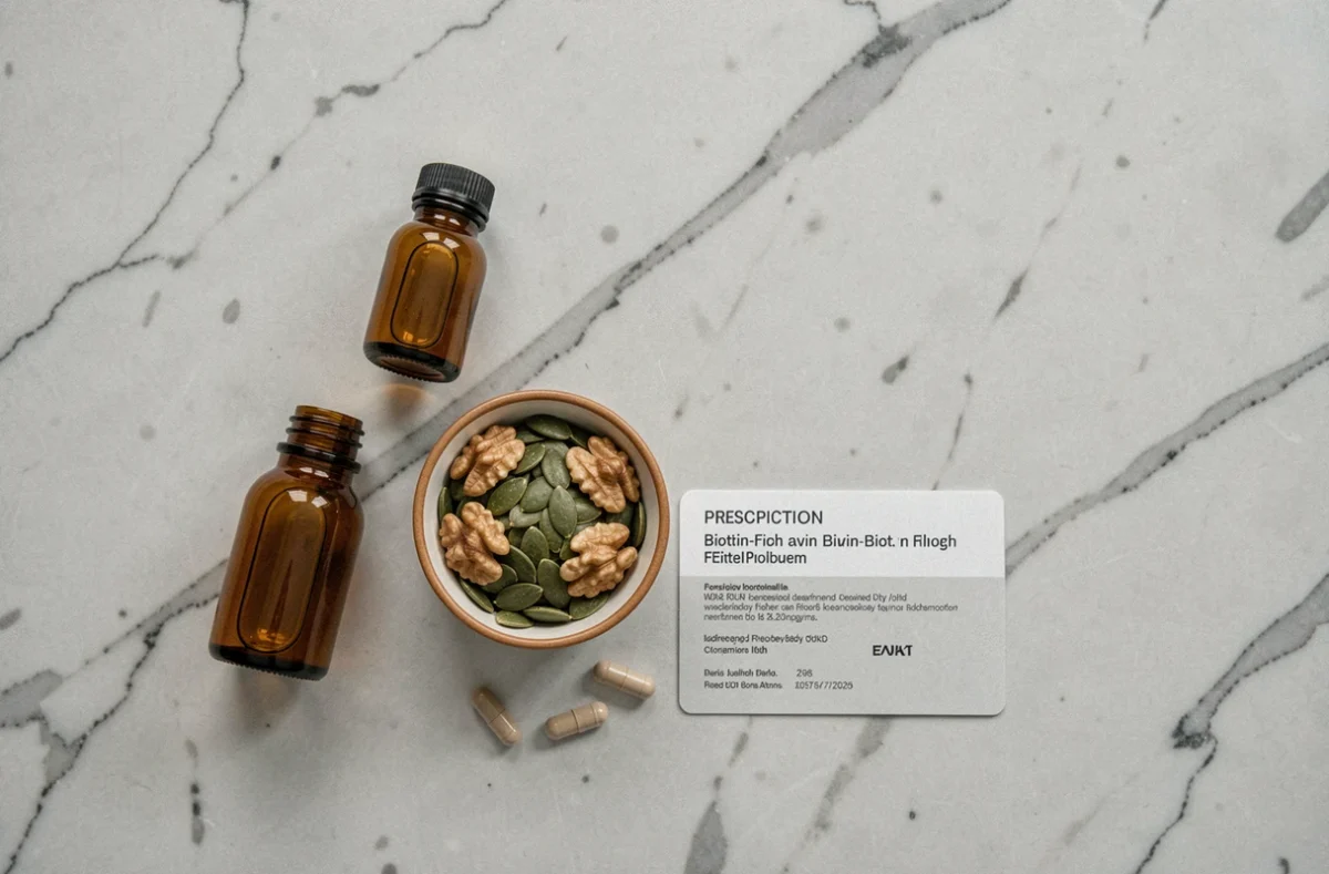 Flat lay de compléments alimentaires pour cheveux, noix et graines sur marbre gris, concept nutrition ménopause