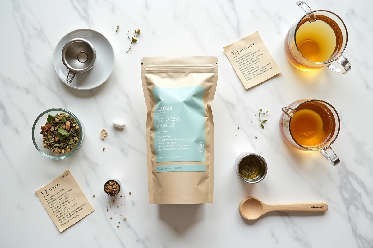 Flat lay du thé détox Lulutox avec infuseur, herbes séchées et théière sur marbre blanc pour mode d'emploi