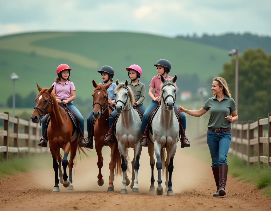 Groupe d'enfants à cheval dans un paddock extérieur encadré par une monitrice lors d'une colonie de vacances équitation