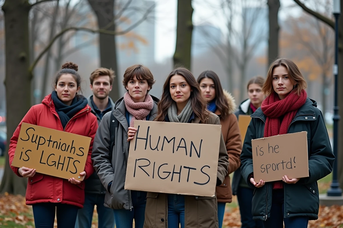 Groupe divers de personnes avec pancartes dans un parc