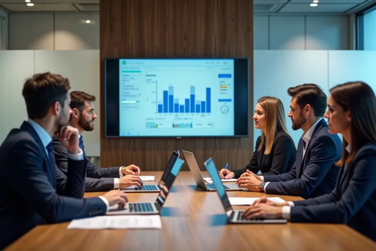Groupe de professionnels en réunion autour d'un tableau ERP