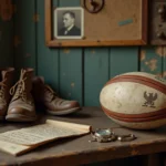 Ballon de rugby vintage posé sur un banc en bois usé dans un vestiaire historique avec chronomètre mécanique évoquant l'histoire de la durée des mi-temps