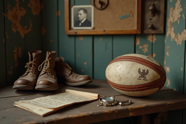 Ballon de rugby vintage posé sur un banc en bois usé dans un vestiaire historique avec chronomètre mécanique évoquant l'histoire de la durée des mi-temps
