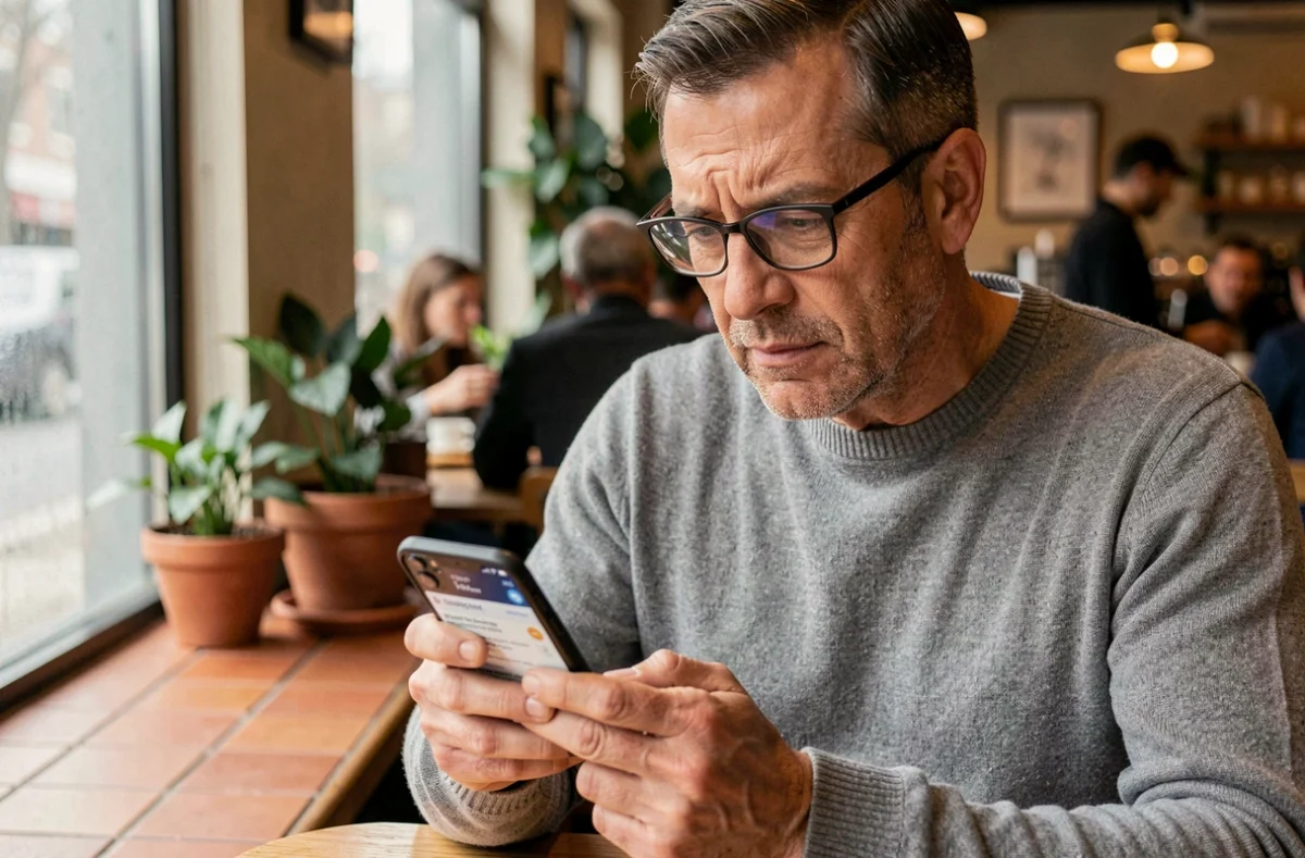 Homme lisant les actualités sur son smartphone dans un café urbain contemporain