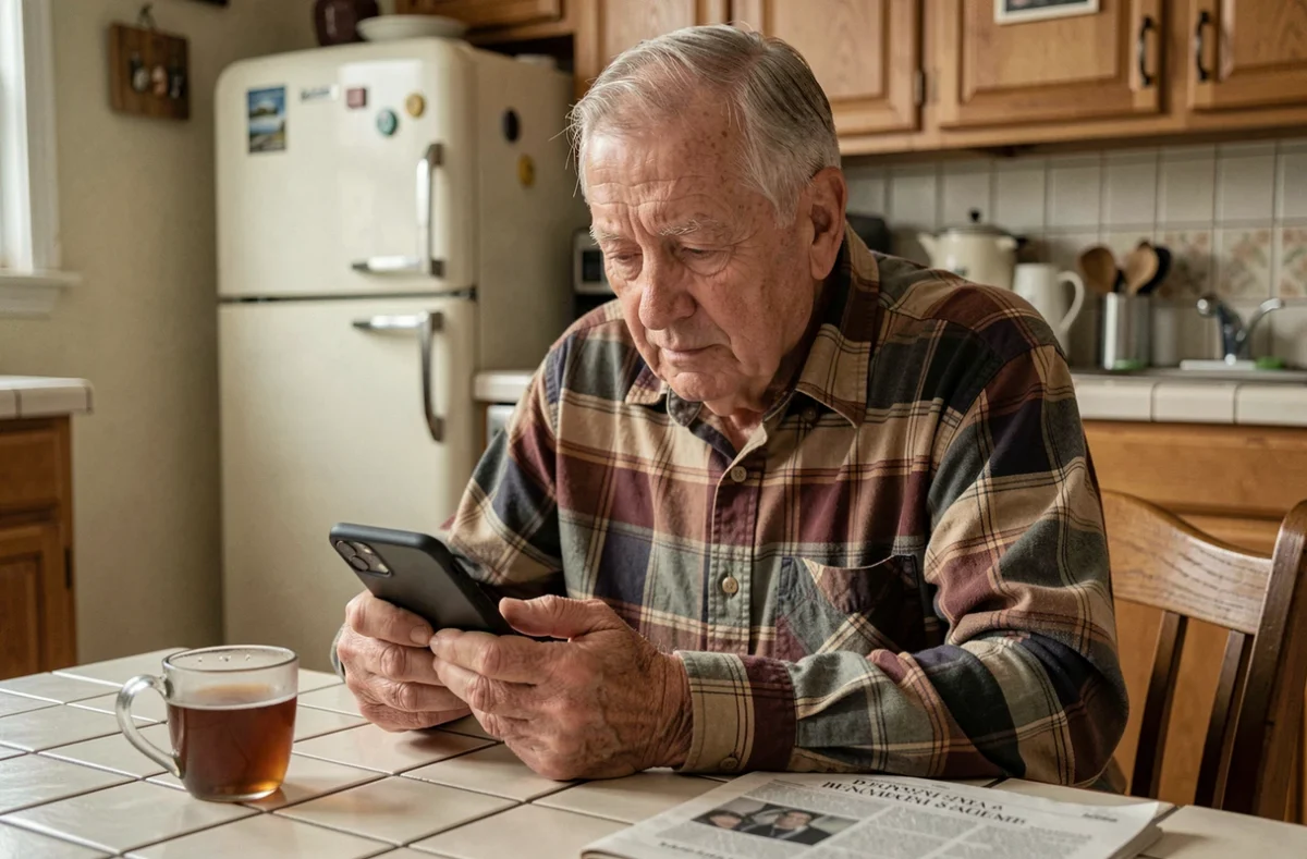 Homme âgé découvrant l'accès à l'information via un smartphone dans sa cuisine, contrastant médias imprimés et numériques