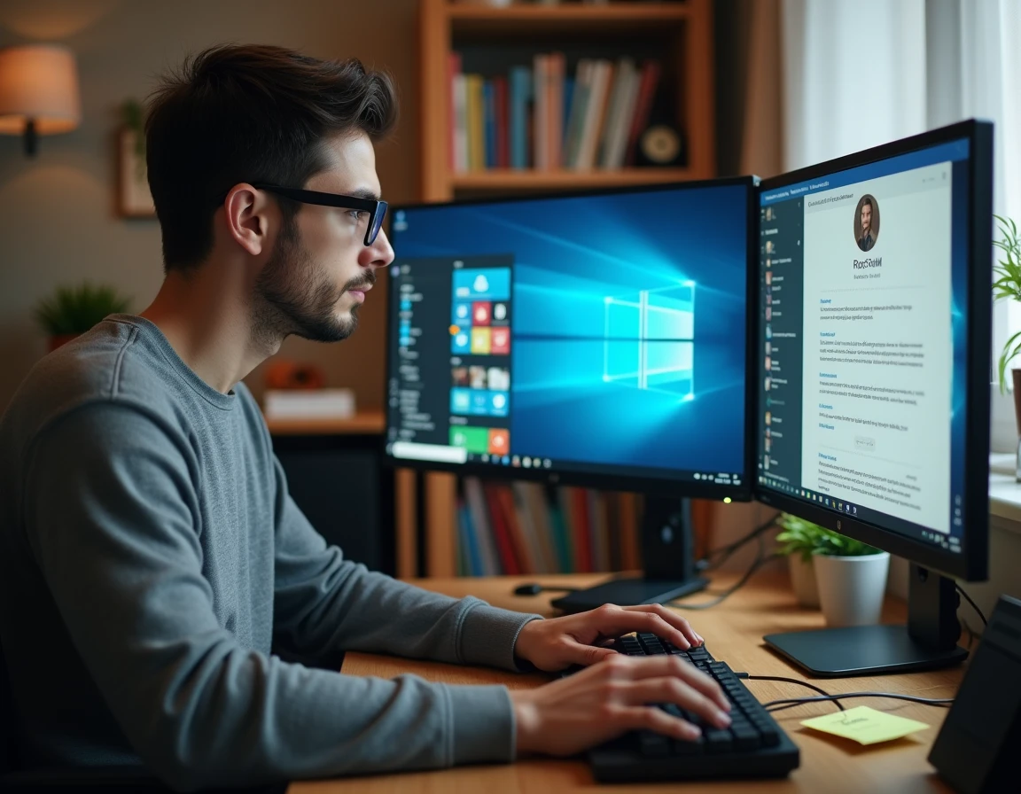 Jeune homme mettant à jour ses compétences informatiques sur son CV numérique depuis son bureau à domicile