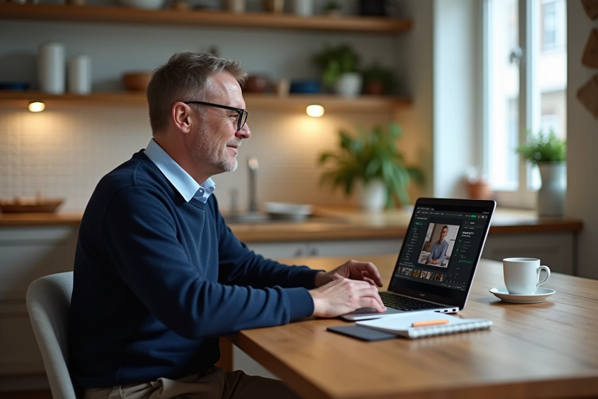 Homme concentré utilisant un ordinateur dans la cuisine