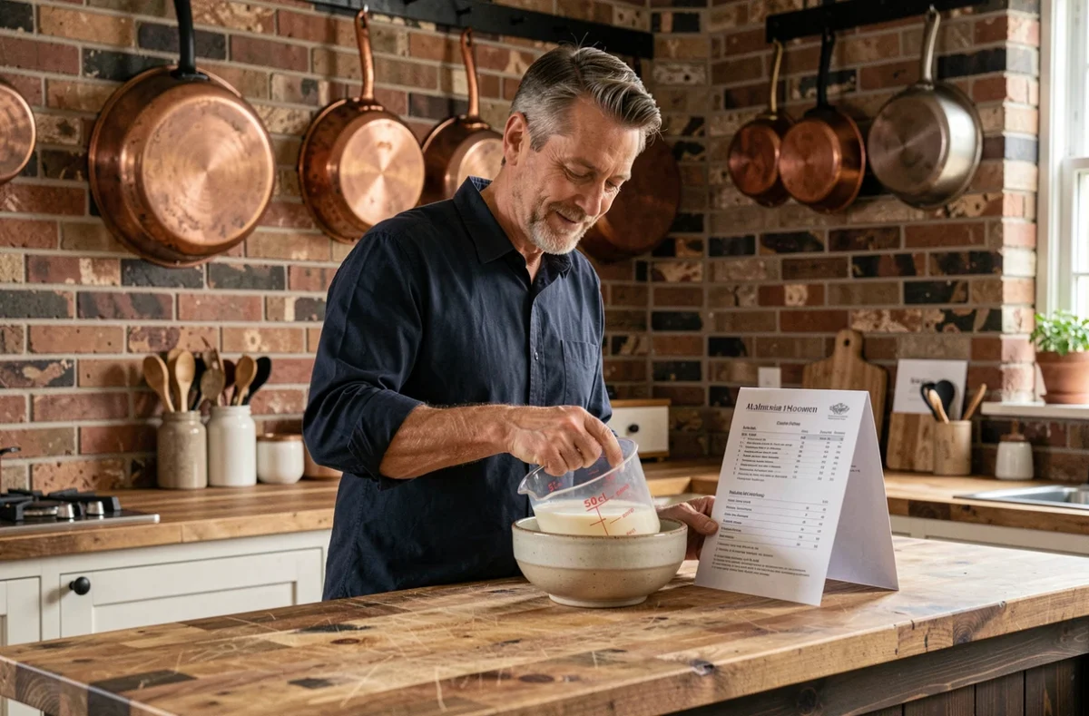 Homme mesurant 50 cl de lait dans une cuisine rustique avec une fiche recette et des ustensiles en cuivre