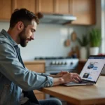 Homme en jean et veste légère naviguant sur un site de voitures d'occasion