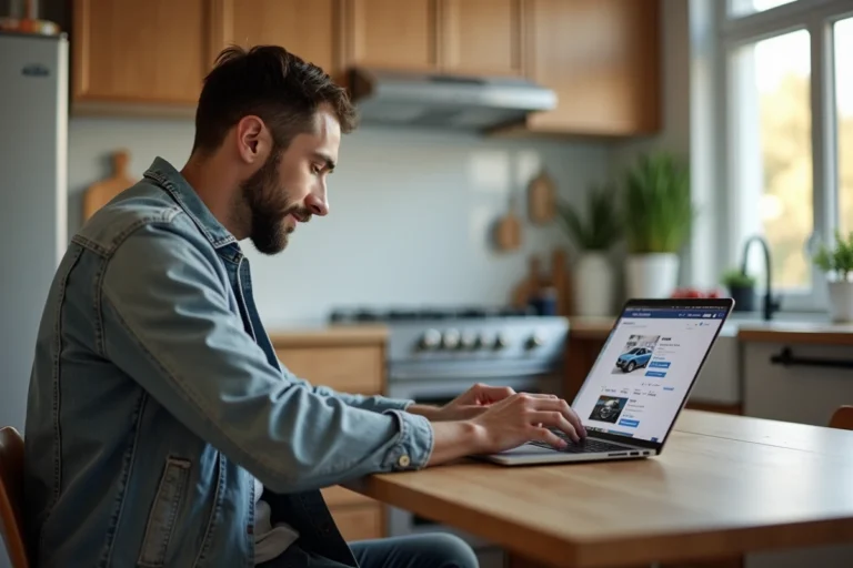 Homme en jean et veste légère naviguant sur un site de voitures d'occasion