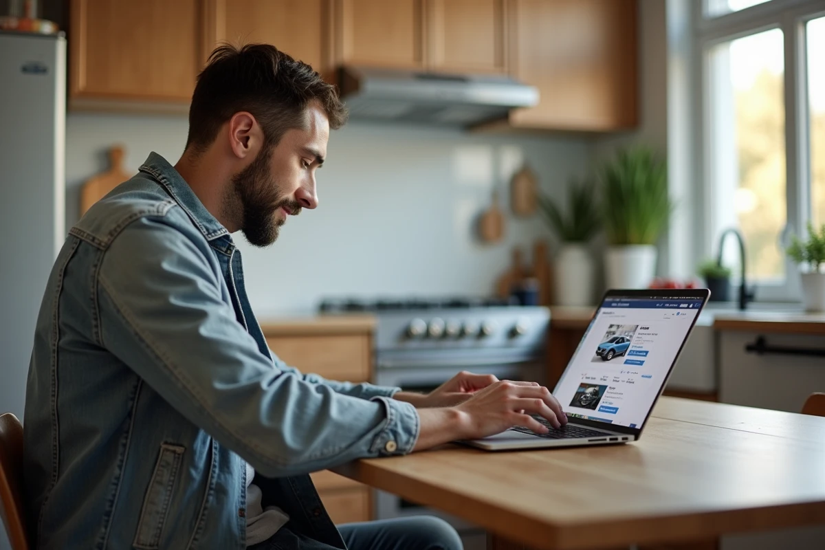 Homme en jean et veste légère naviguant sur un site de voitures d'occasion