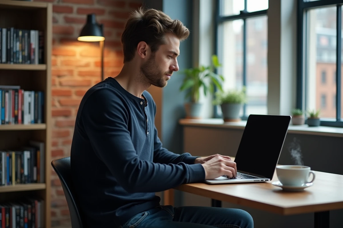 Homme naviguant sur une plateforme de streaming légale depuis son bureau à domicile avec un laptop