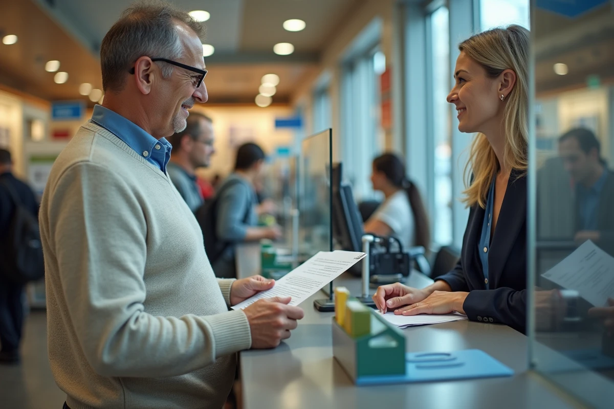 Homme au guichet de poste discutant avec un agent amical