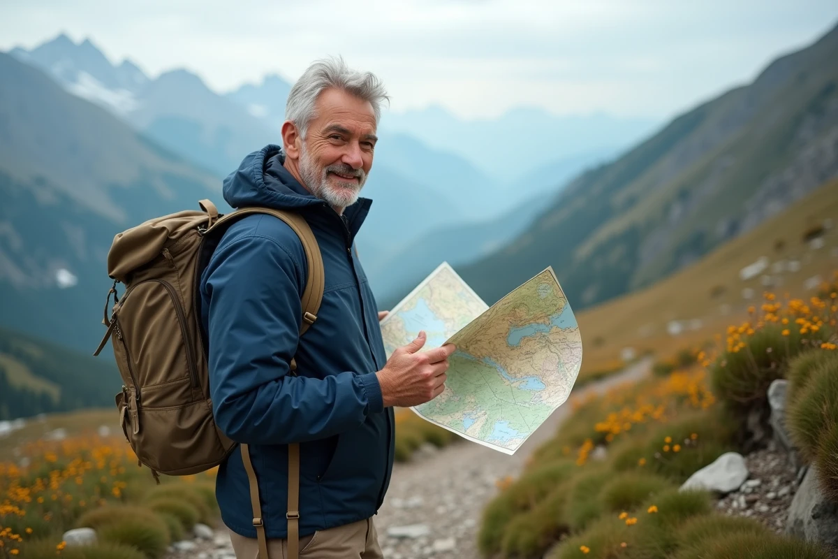 Homme en randonnée regardant la carte face aux montagnes