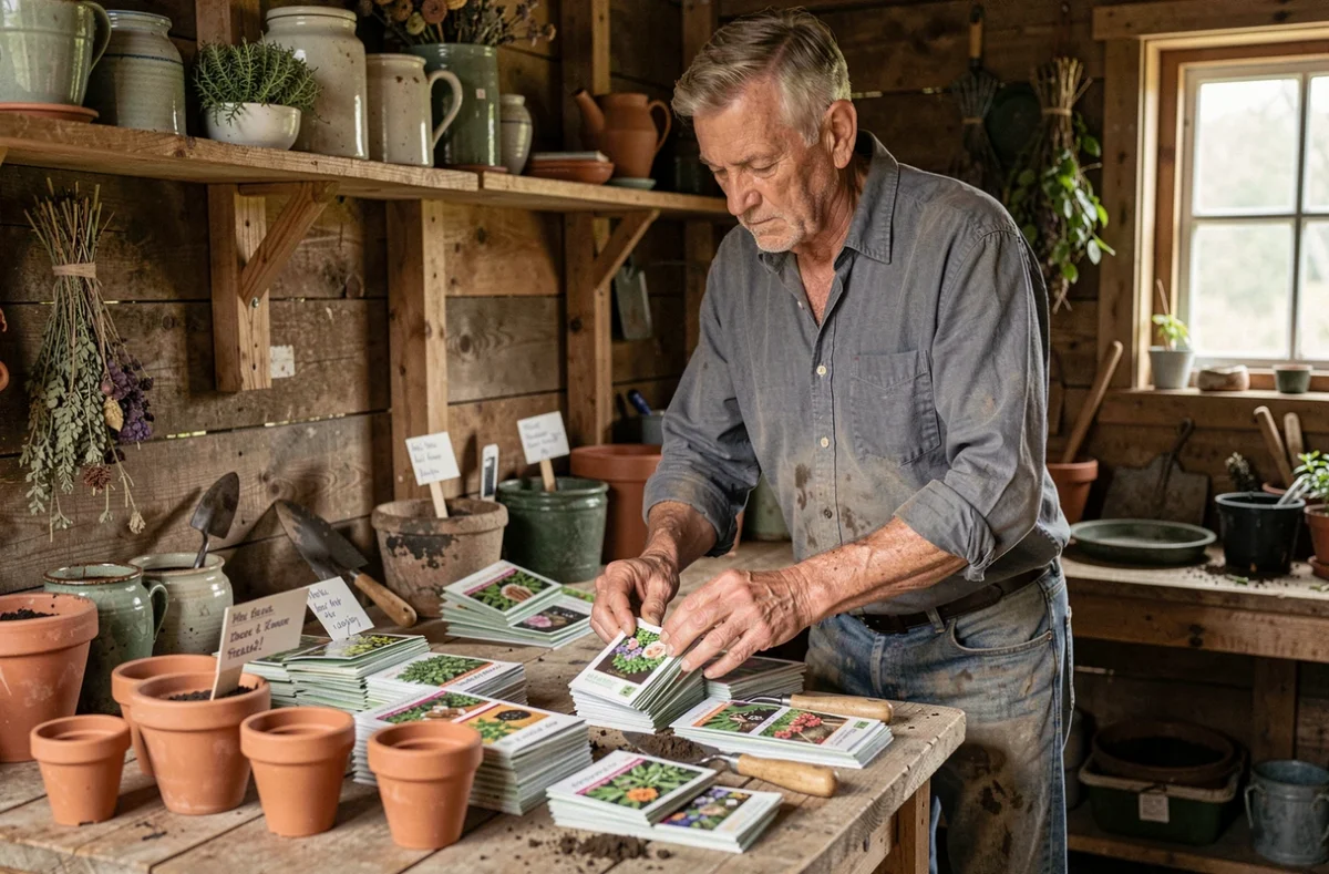Homme senior triant des sachets de graines et des outils de jardinage sur un établi en bois dans un cabanon de jardin rustique