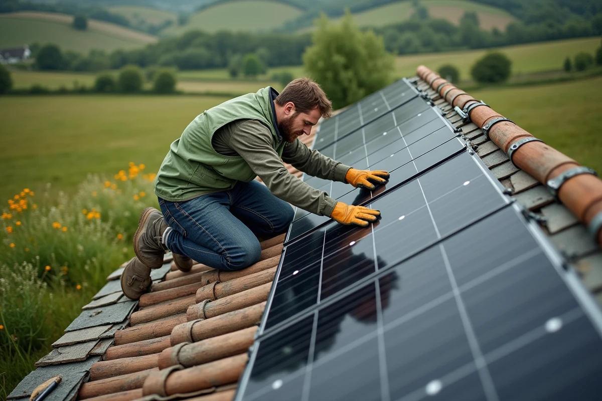 Ouvrier installant des panneaux solaires photovoltaïques sur le toit d'une maison écologique en bois