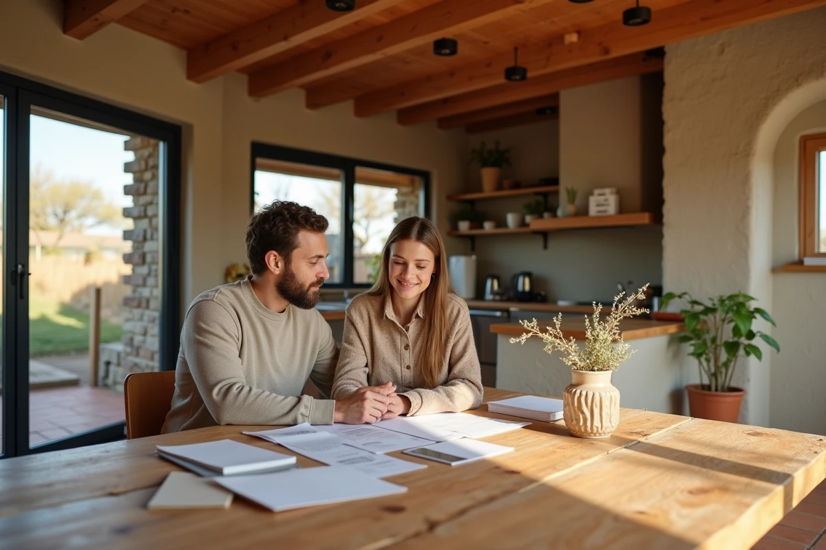 Couple consultant des documents sur les matériaux écologiques dans l'intérieur d'une maison durable en terre et bois