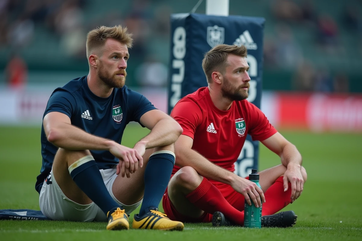Deux joueurs de rugby assis sur le terrain pendant la pause de mi-temps symbolisant le repos réglementaire entre les deux périodes de jeu
