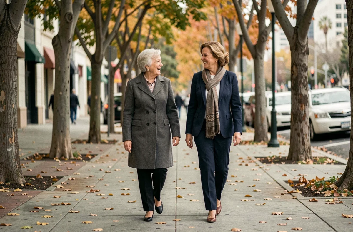 Deux femmes marchant ensemble dans une rue arborée de Los Angeles, évoquant la complicité et la solidarité du couple Linda Hunt et Karen Kline