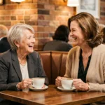 Deux femmes d'âge mûr partageant un moment complice autour d'un café dans un restaurant chaleureux, symbolisant une amitié durable et profonde