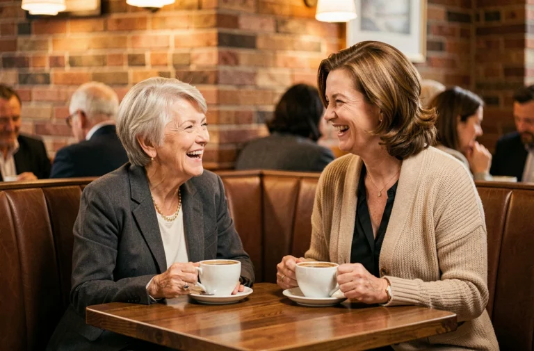 Deux femmes d'âge mûr partageant un moment complice autour d'un café dans un restaurant chaleureux, symbolisant une amitié durable et profonde