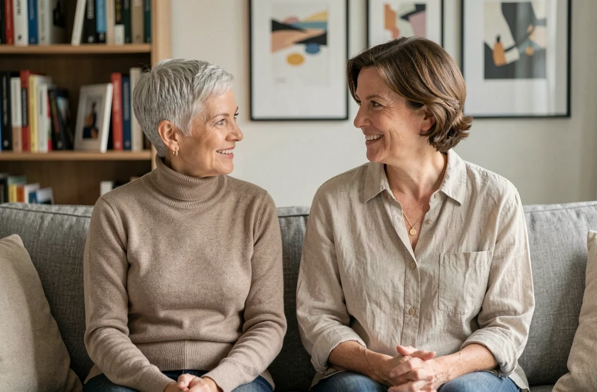 Deux femmes âgées assises côte à côte dans un salon moderne et élégant, reflétant une relation intime et bienveillante inspirée du couple Linda Hunt et Karen Kline
