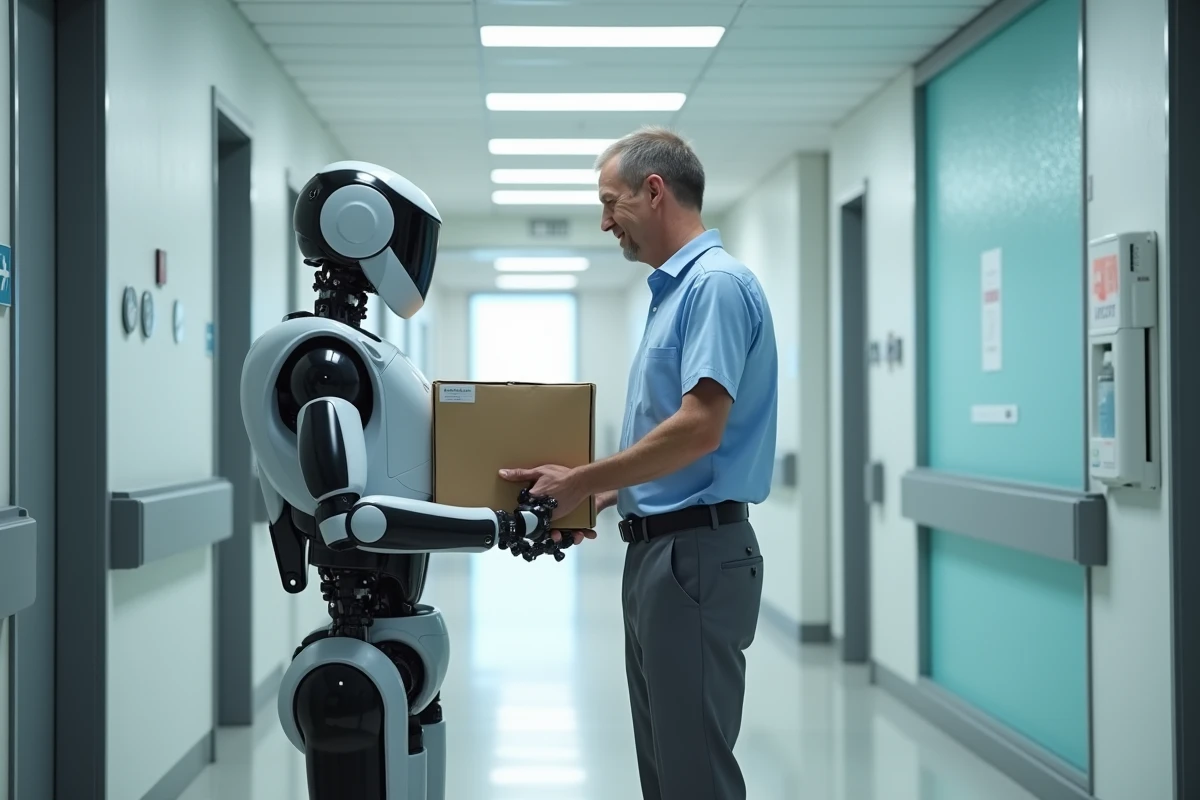 Employé recevant livraison de médicaments par robot hospitalier